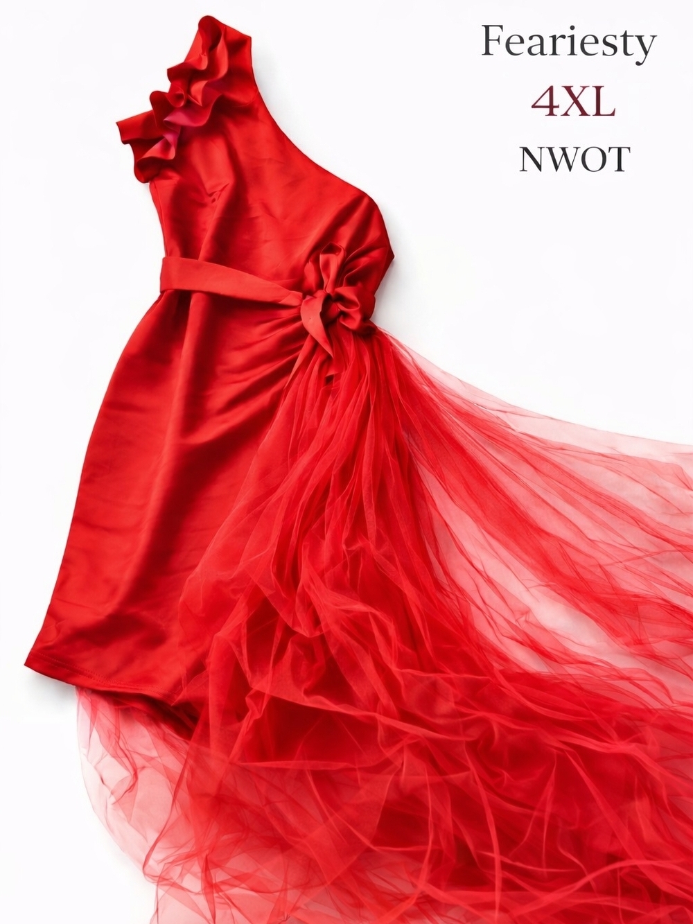 Feariesty Red One-Shoulder Prom Dress with Tulle Train